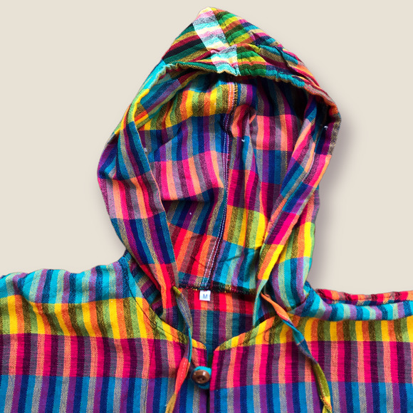 100% Cotton Rainbow Multicolor Mexican Baja Pullover Hoodie Drug Rug Size Medium - Picture 3 of 4